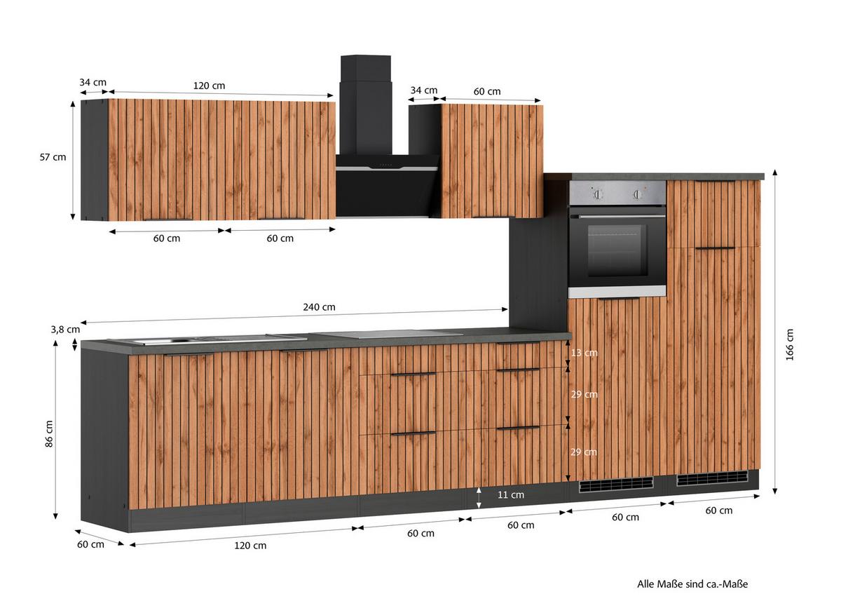 Küchenblock Liverpool Graphit/Eiche Dekor B: 360 cm - Schieferfarben/Eiche Wotan, Basics, Holzwerkstoff (360cm) - Held