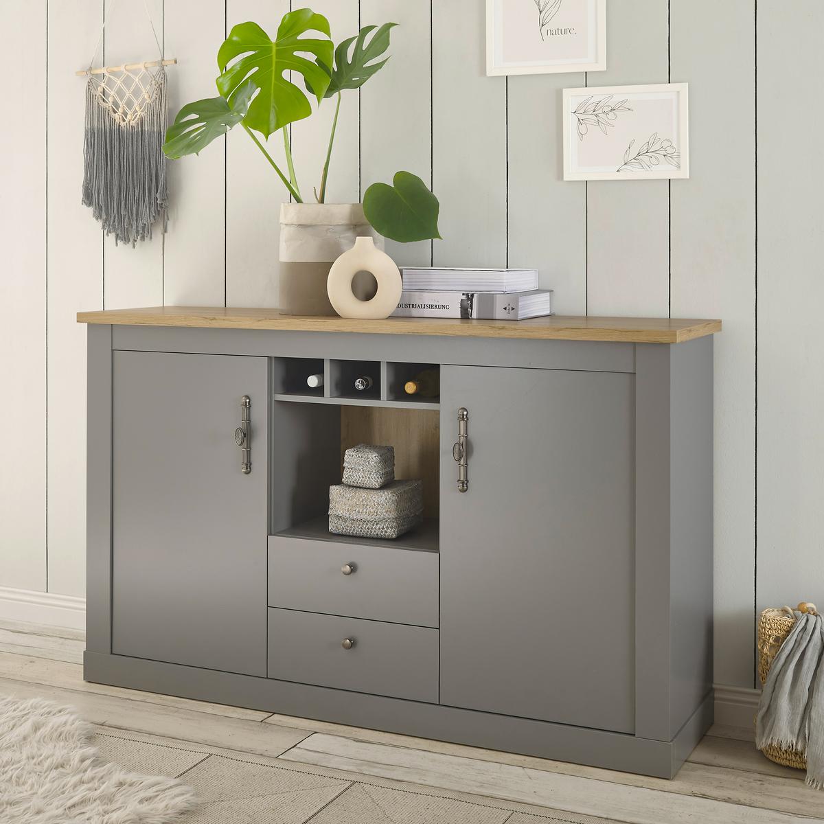 Sideboard Chambord Hellgrau/Eiche Dekor B: 166cm - Eichefarben/Hellgrau, Design, Holzwerkstoff (166/100/44cm) - MID.YOU