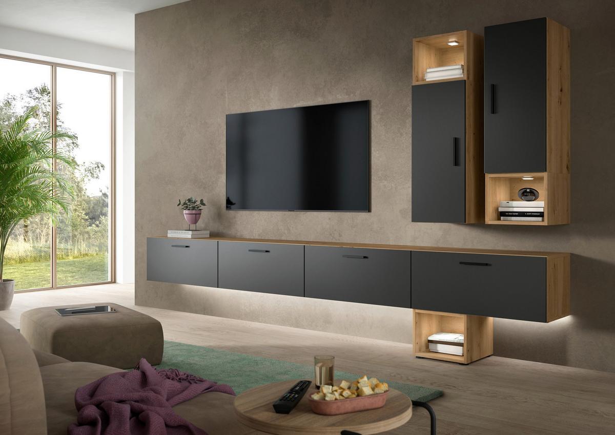 Wohnwand, The One 7, B: 300 cm Grau/Artisan Eiche Dekor - Schwarz/Eiche Artisan, Trend, Holzwerkstoff (300/178/34cm)