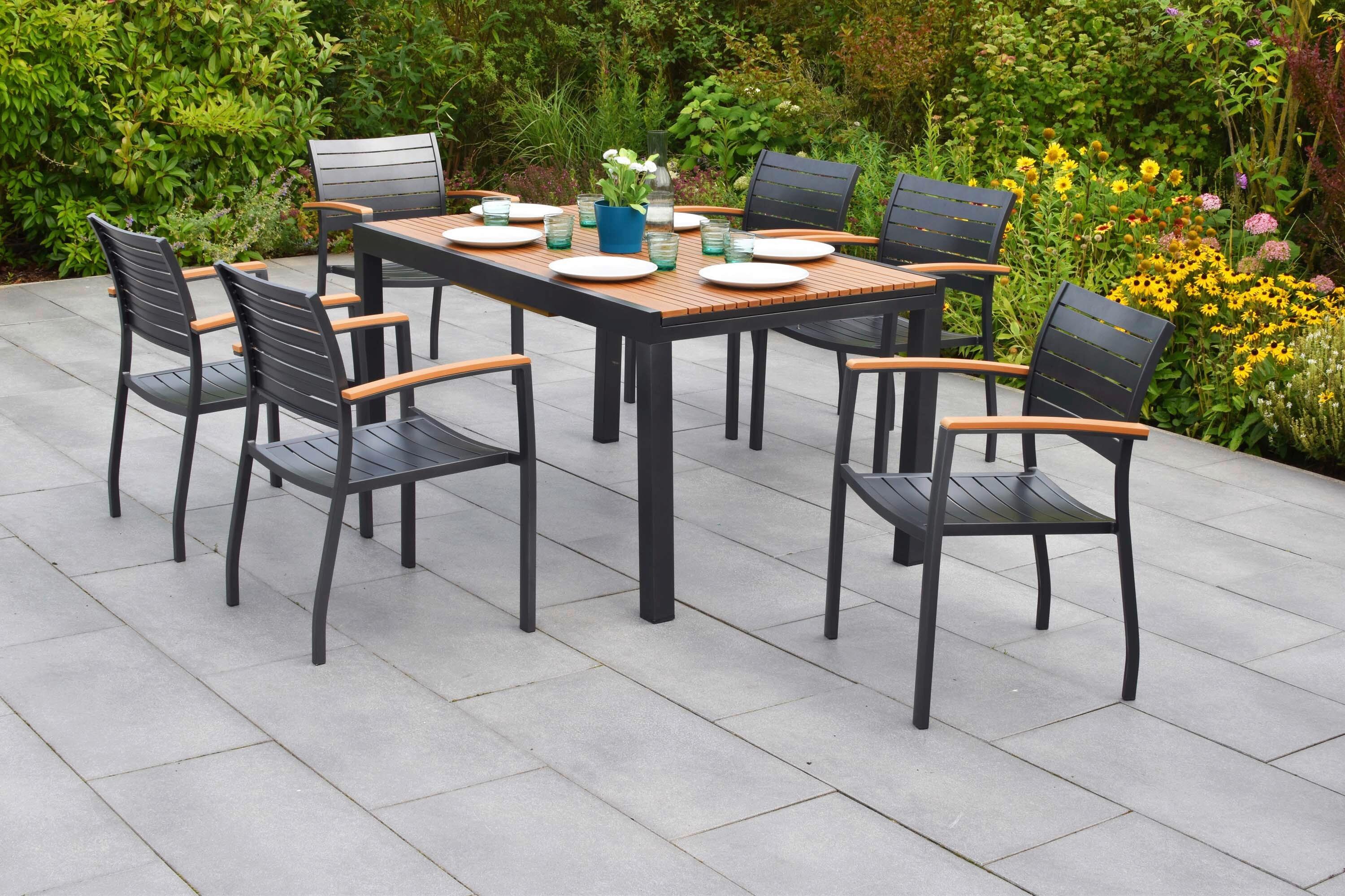 Gartentischgruppe 7-teilig. Set - Graphitfarben/Naturfarben, KONVENTIONELL, Kunststoff/Metall - Gardenson