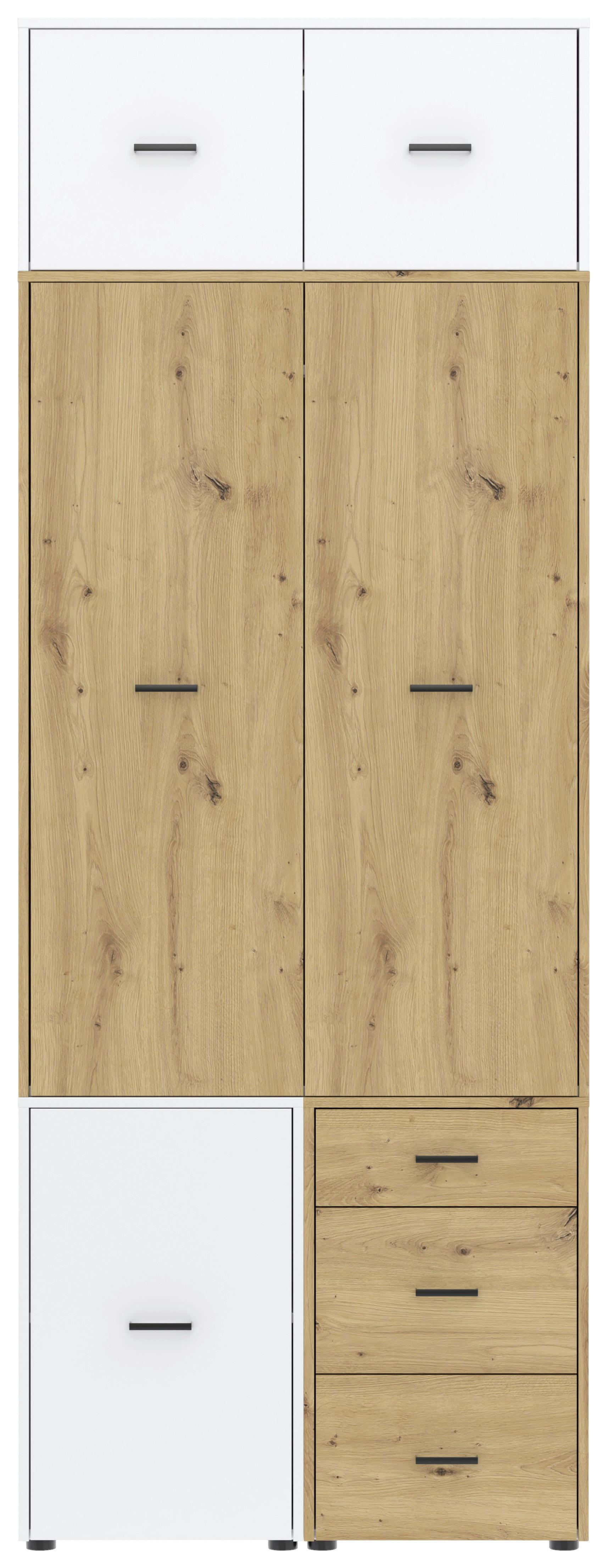 Drehtürenschrank m. Schubladen 90 cm Kivo, Weiß/Eiche