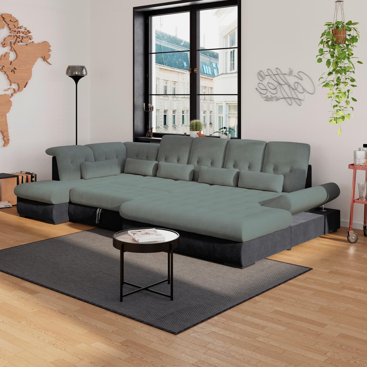 Wohnlandschaft Madera Blaugrün U: 212x358x190 cm - Blau/Anthrazit, KONVENTIONELL, Kunststoff/Textil (212/358/190cm)