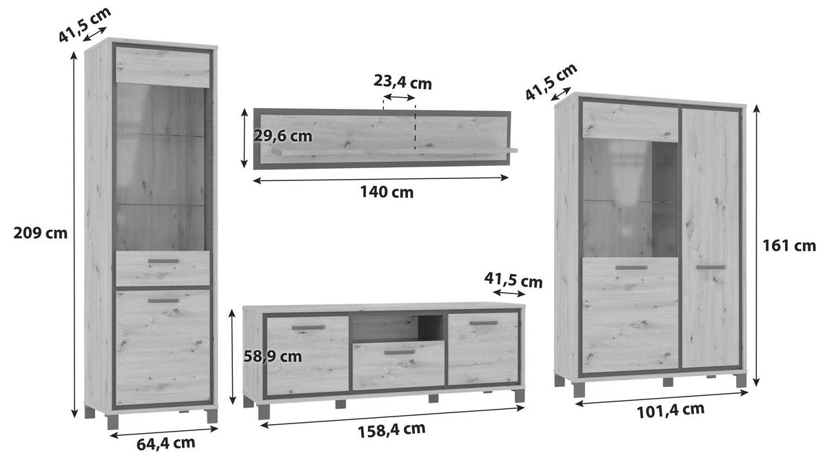 Wohnwand Modern 4 -teilig. Trondheim, Artisan Eiche Dekor - Eichefarben/Schwarz, Basics, Glas/Holzwerkstoff (344,2/208/41,5cm) - Livetastic
