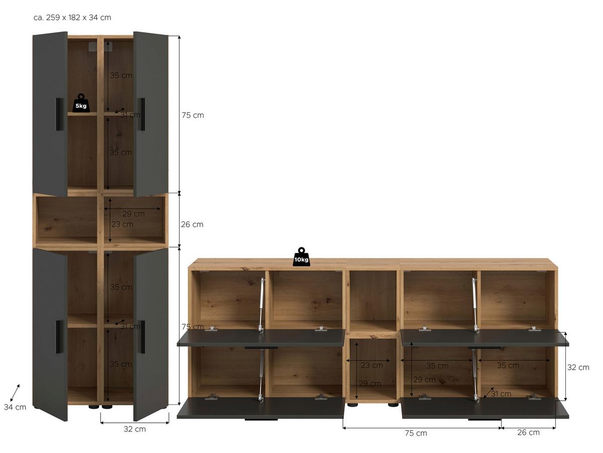 Wohnwand, The One 3, B: 260 cm Grau/Artisan Eiche Dekor - Schwarz/Eiche Artisan, Trend, Holzwerkstoff (260/182/34cm)