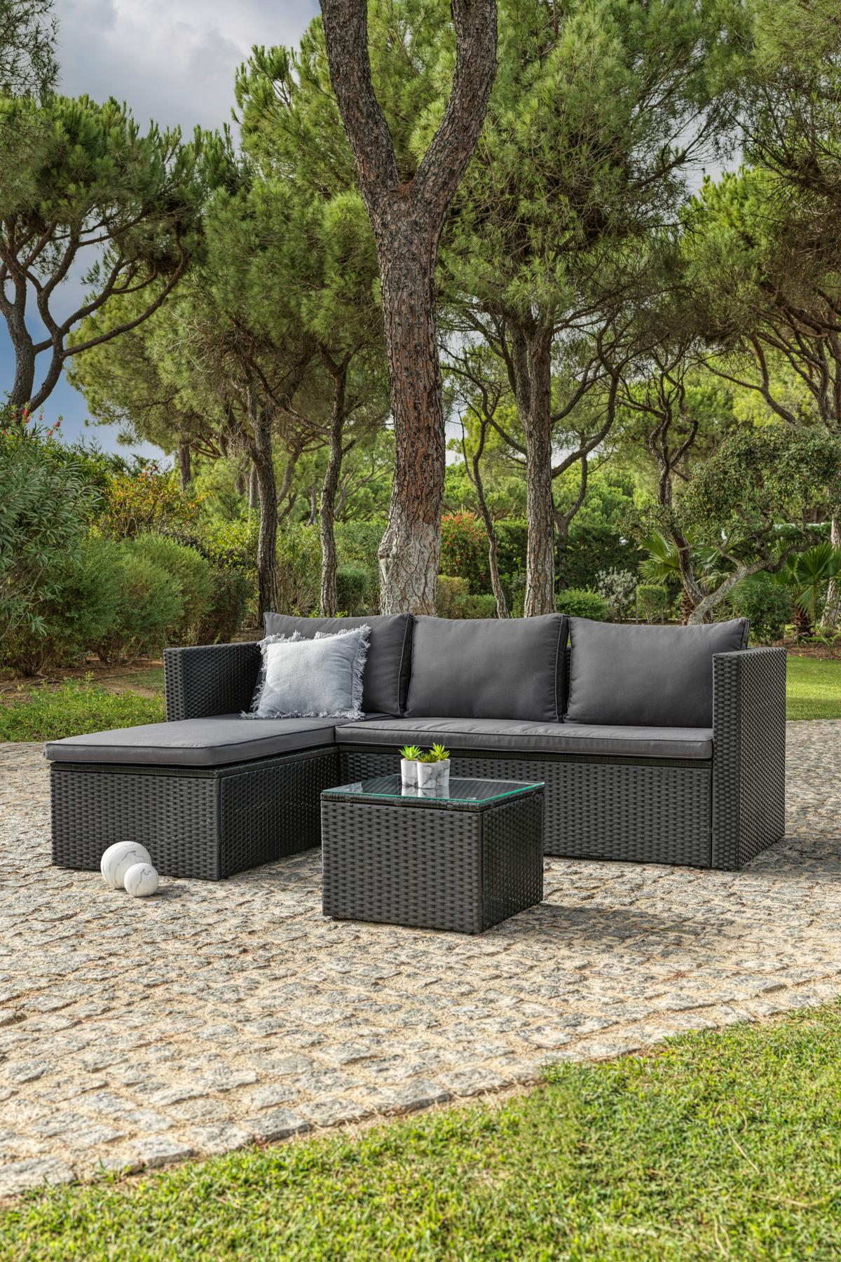 Loungegarnitur 3-Tlg. Bergen Stahl/Polyrattan mit Kissen - Dunkelgrau/Schwarz, MODERN, Glas/Kunststoff