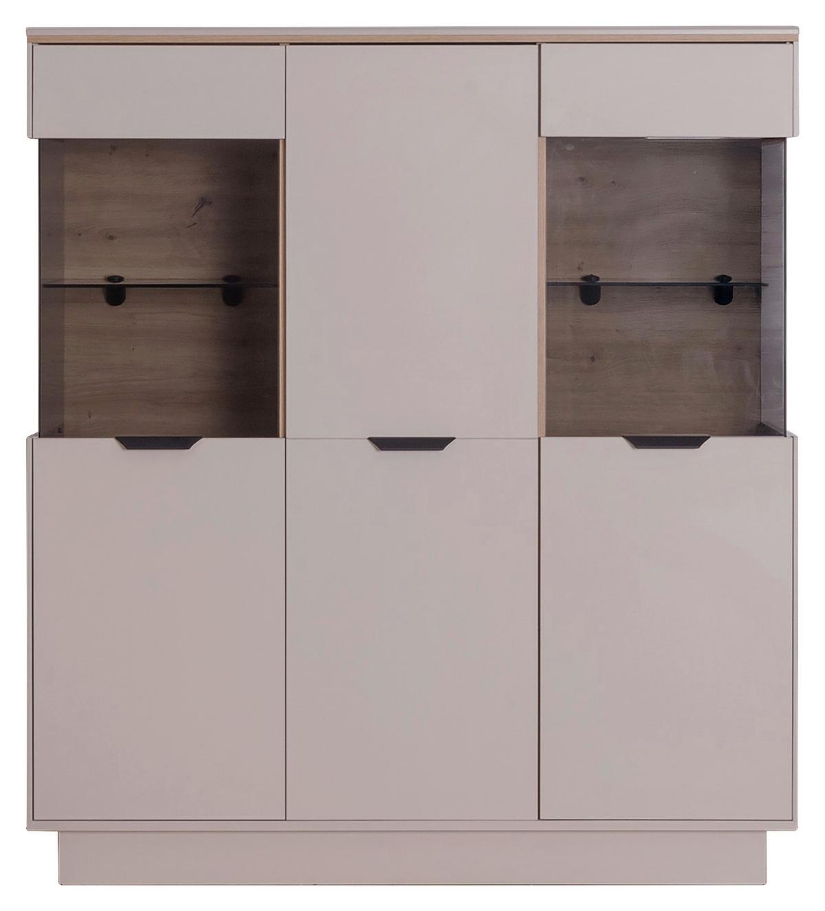 Highboard Darius Eiche Artisan/kashmir,b:132cm - Kaschmir/Schwarz, Trend, Glas/Holzwerkstoff (132/148,3/37cm)