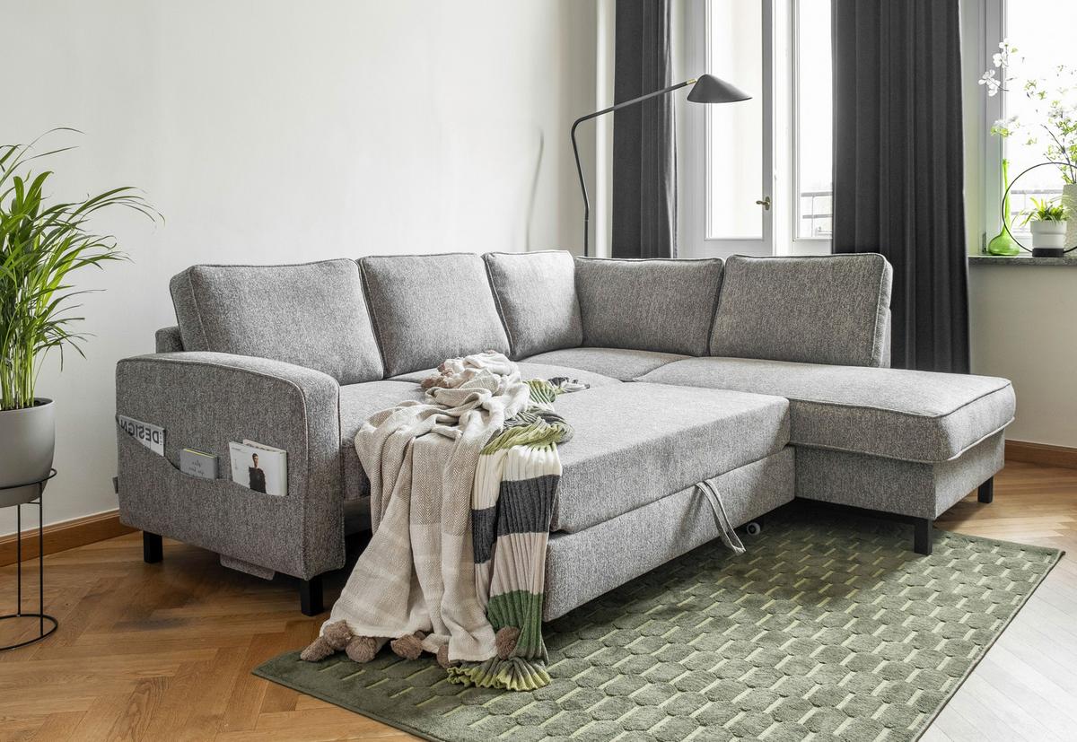 Sedačka MELANIE L, pravá, šedá, lůžko na spaní - šedá/černá, dřevo/textil (233/198cm) - MID.YOU