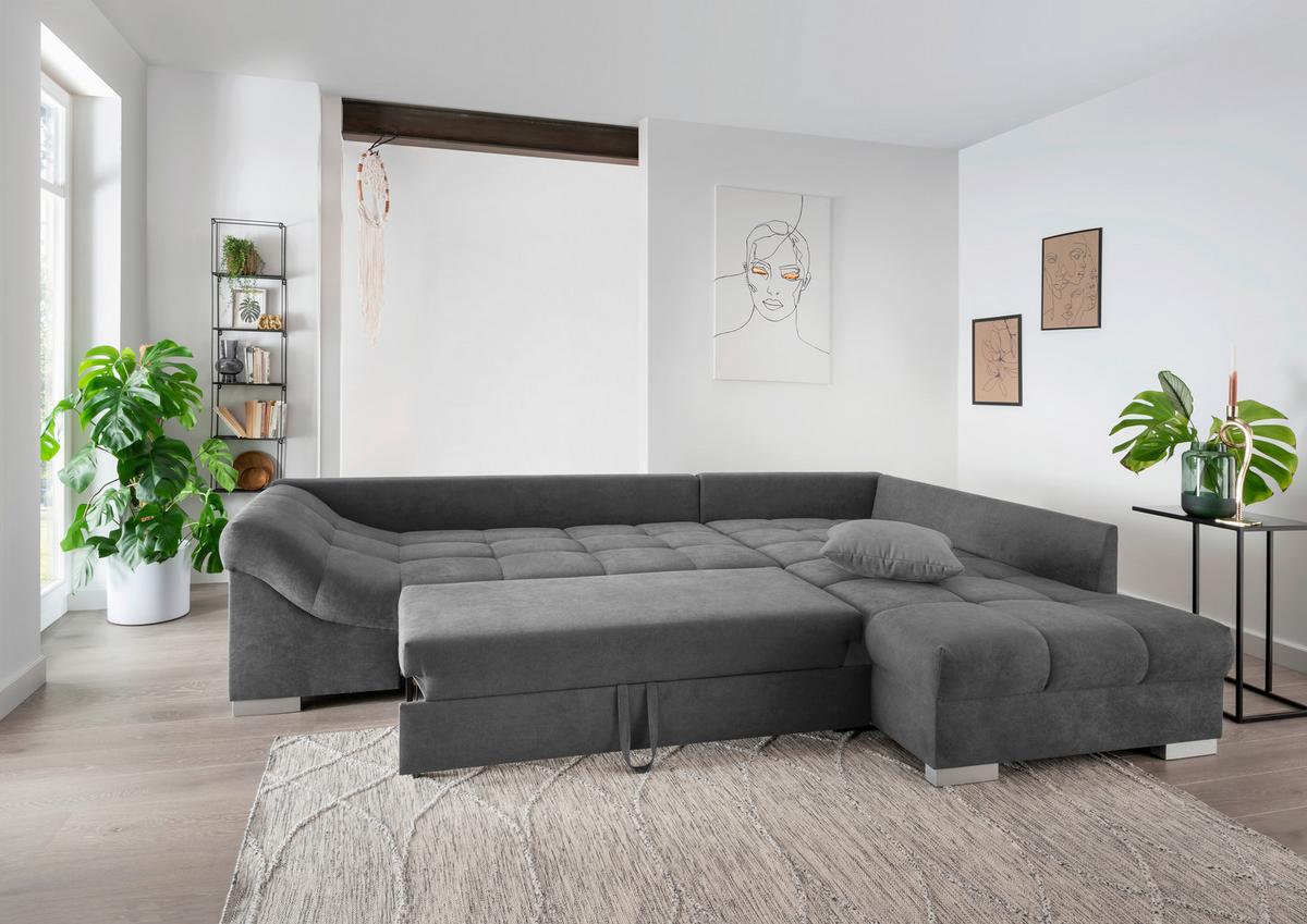 Eckschlafsofa Alvito Dunkelgrau S: 298/202 cm - Dunkelgrau/Silberfarben, Design, Textil (298/202cm) - MID.YOU