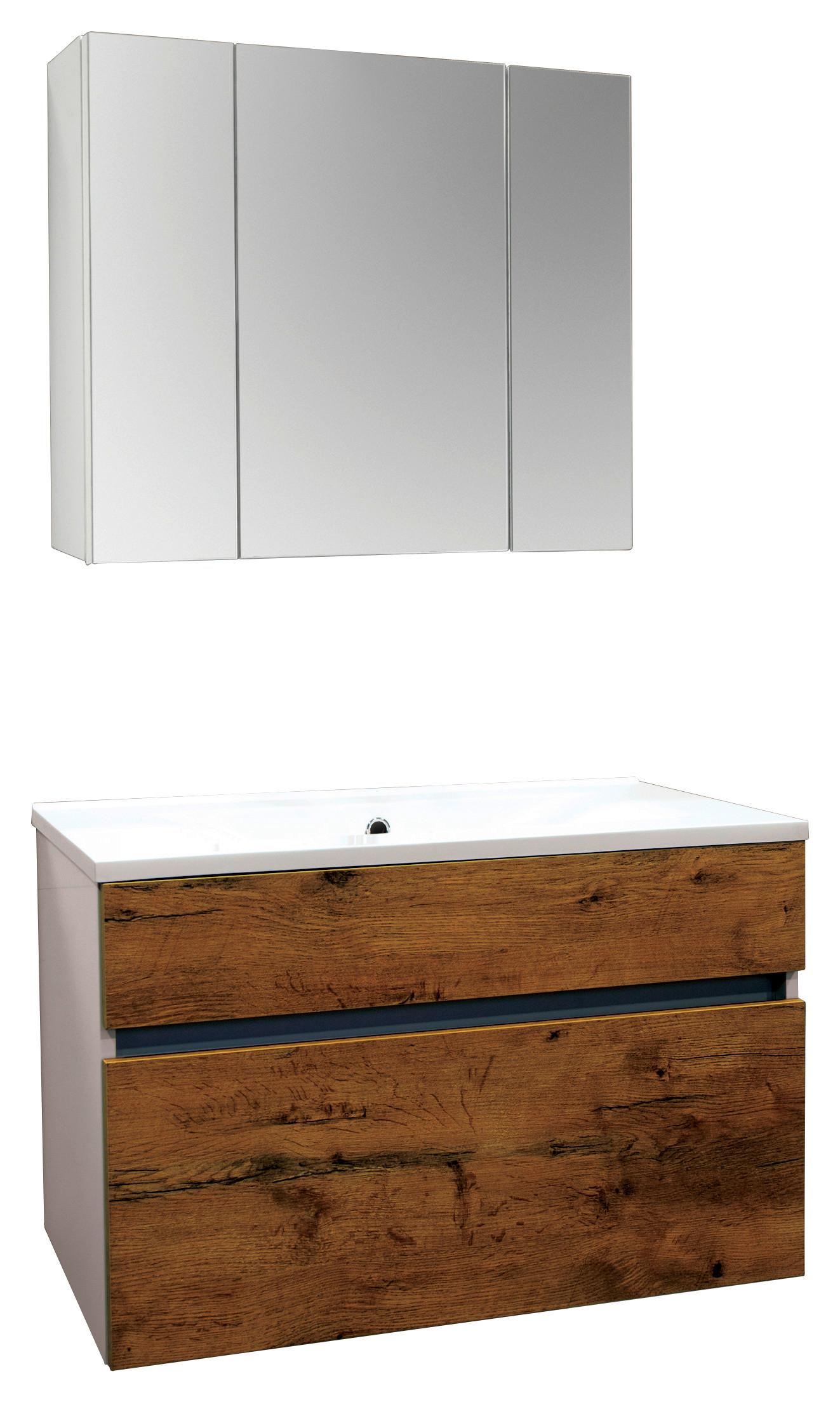 Badmöbel-Set 3--Teilig. inkl. LED Koper B: 79,6 cm Eiche Dekor - Eichefarben/Weiß, MODERN, Holzwerkstoff (79,6/46/50cm)
