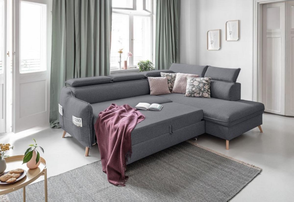 Rozkládací sedačka Simone, pravé provedení - šedá/přírodní barvy, Moderní, dřevo/textil (253/82/95/208cm)
