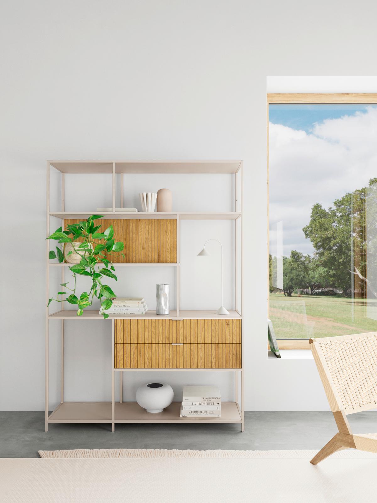 Regál SEAFORD melamín/MDF - divoký dub/sivá, Design, kov/kompozitné drevo (135/185/35cm) - Carryhome