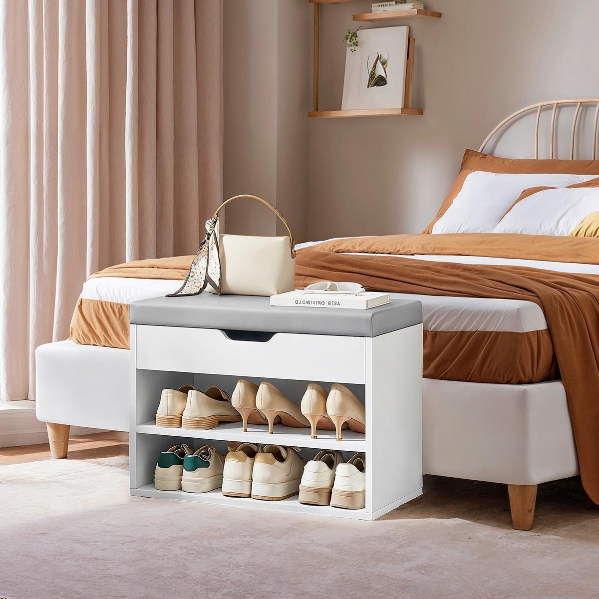 Schuhbank Shoe Bench - Weiß/Grau, MODERN, Leder/Holzwerkstoff (60/44/30cm) - MID.YOU