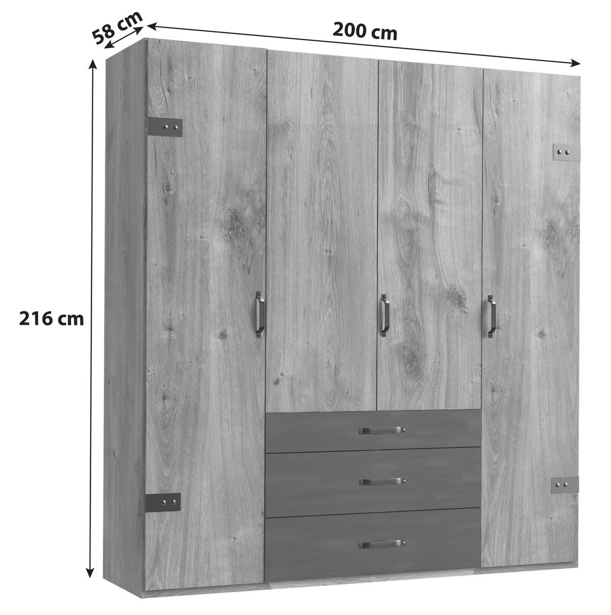 ŠATNÍ SKŘÍŇ S OTOČNÝMI DVEŘMI DETROIT šířka 200cm - barvy dubu/barvy grafitu, Basics, kov/kompozitní dřevo (200/216/58cm) - MID.YOU