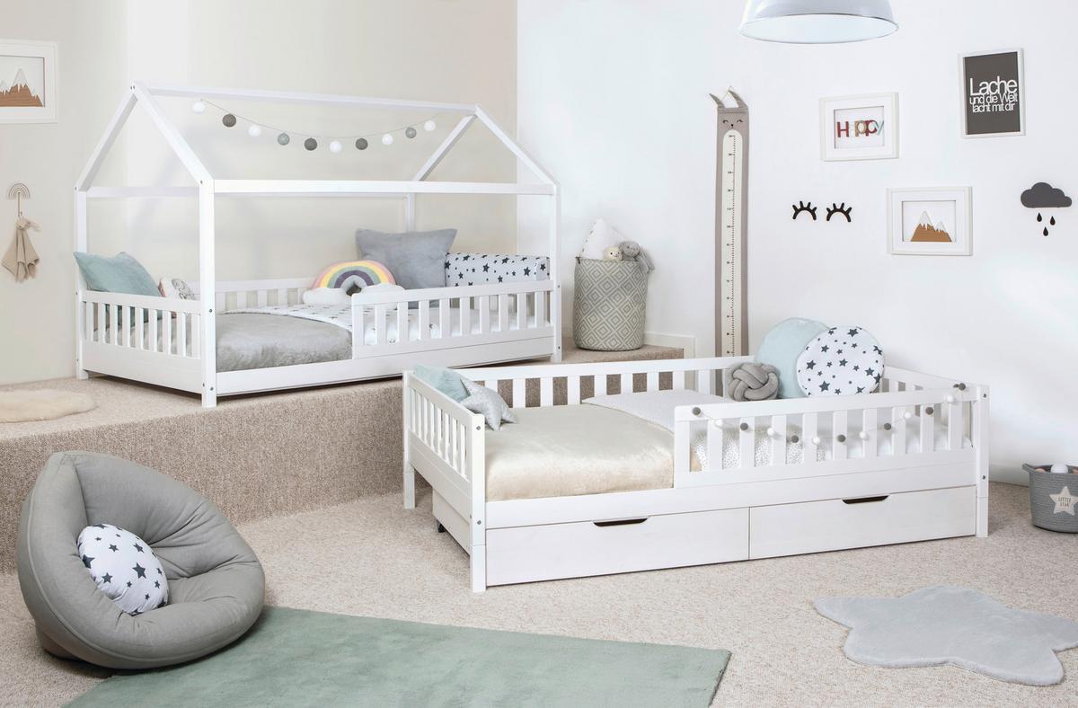 Stauraumbett 90x200 Weiß - Weiß/Naturfarben, MODERN, Holz (90/200cm) - MID.YOU