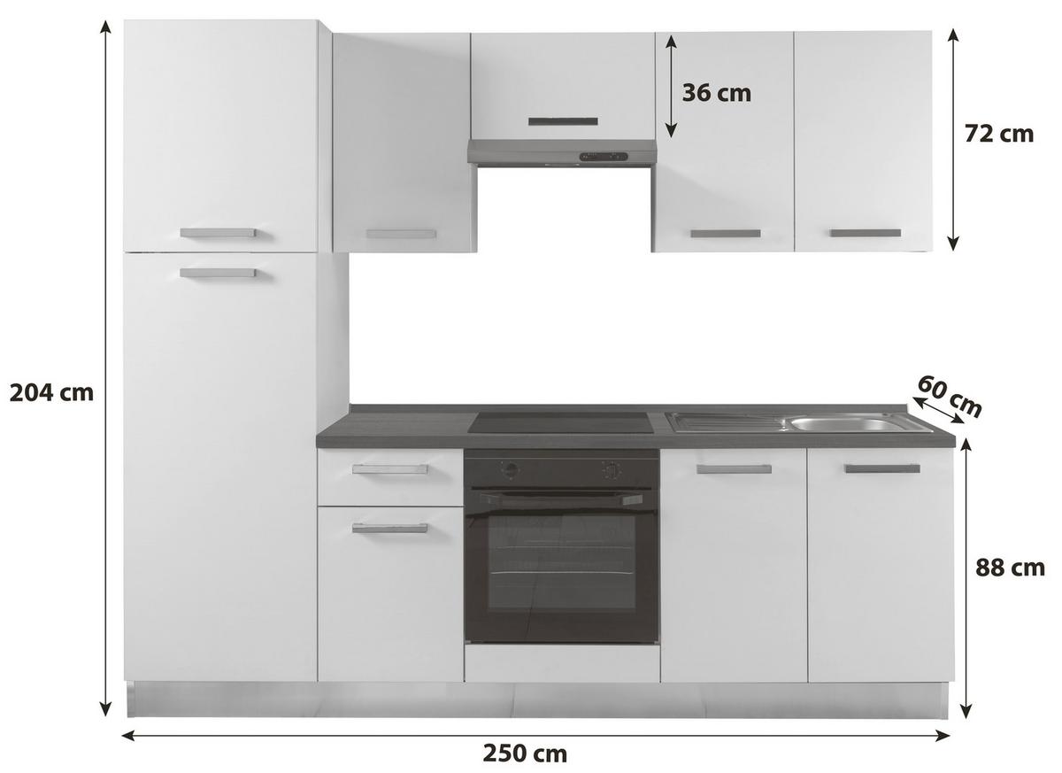 Küchenzeile Belluna mit Geräten 250 cm Weiß/Eiche Elegant - Eiche dunkel/Alufarben, Basics, Holzwerkstoff/Kunststoff (250cm) - MID.YOU