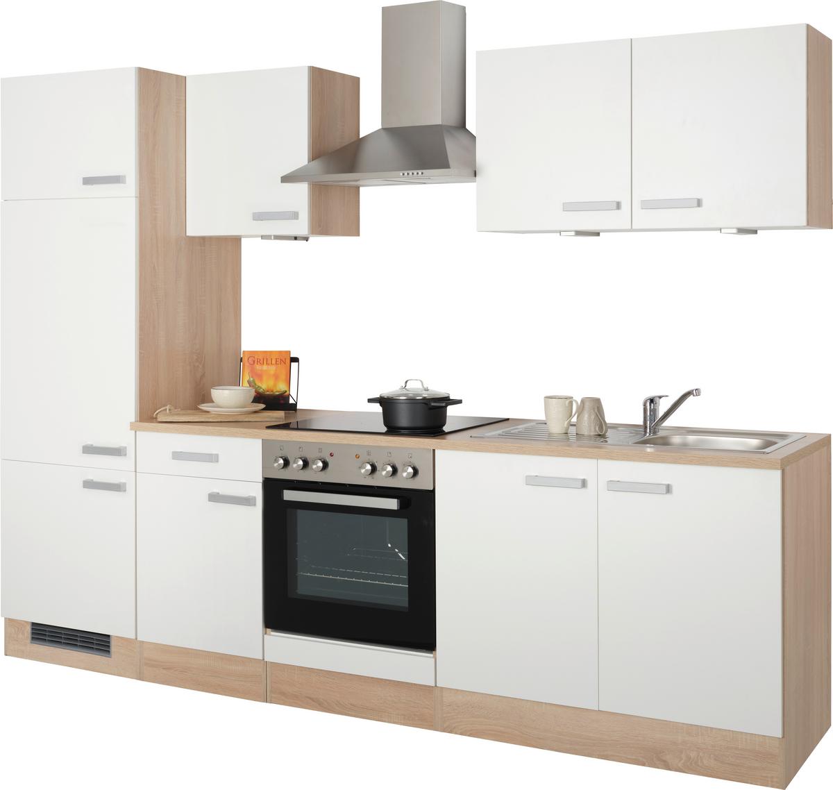 Kuchyňský blok LEXA včetně 4 spotřebičů, šířka 270 cm - bílá/barvy dubu, Moderní, kompozitní dřevo/plast (270cm) - Based