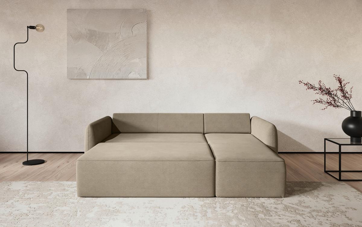 Ecksofa mit Bettfunktion Flow Cord braun, B: 239cm - Hellbraun/Schwarz, Trend, Textil (239/170cm) - MID.YOU