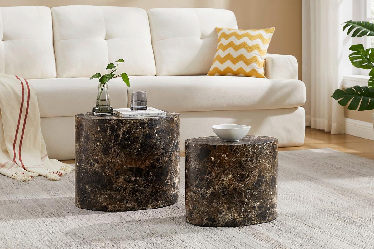 Couchtischset 2-teilig Braun/marmoroptik - Braun, Design, Holzwerkstoff (48-40/33-24,5/40-33cm) - Livetastic