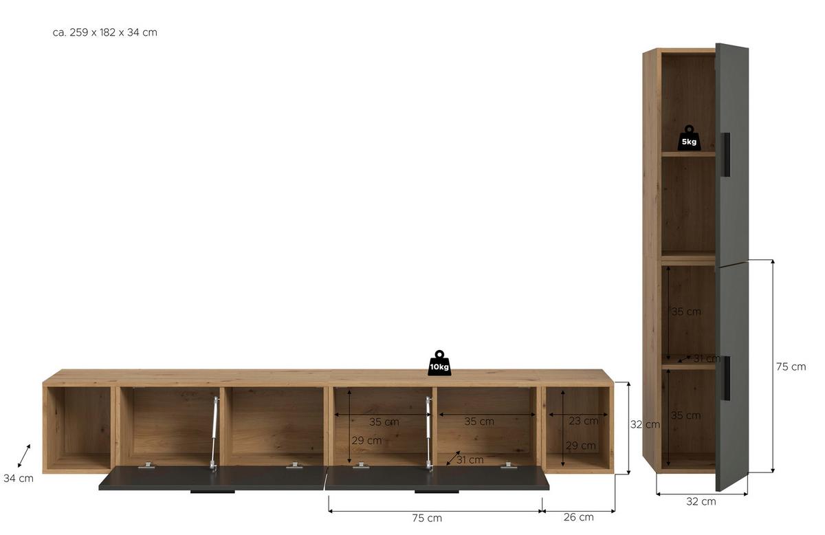 Wohnwand, The One 1, B: 259 cm Grau/Artisan Eiche Dekor - Schwarz/Eiche Artisan, Trend, Holzwerkstoff (259/182/34cm)