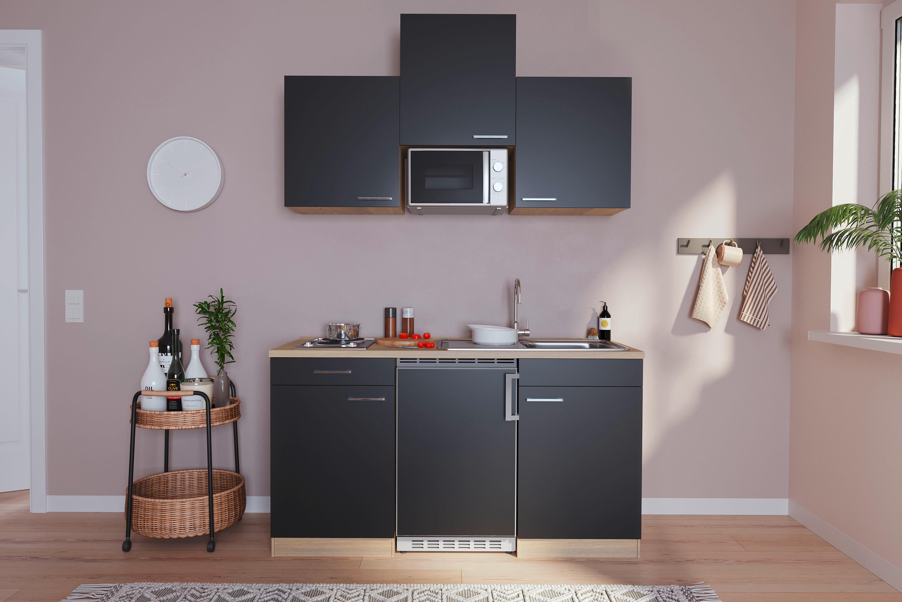 Miniküche m. Mikrowelle + Kühlschrank 150 cm Schwarz - Eichefarben/Schwarz, Basics, Holzwerkstoff (150cm) - Respekta