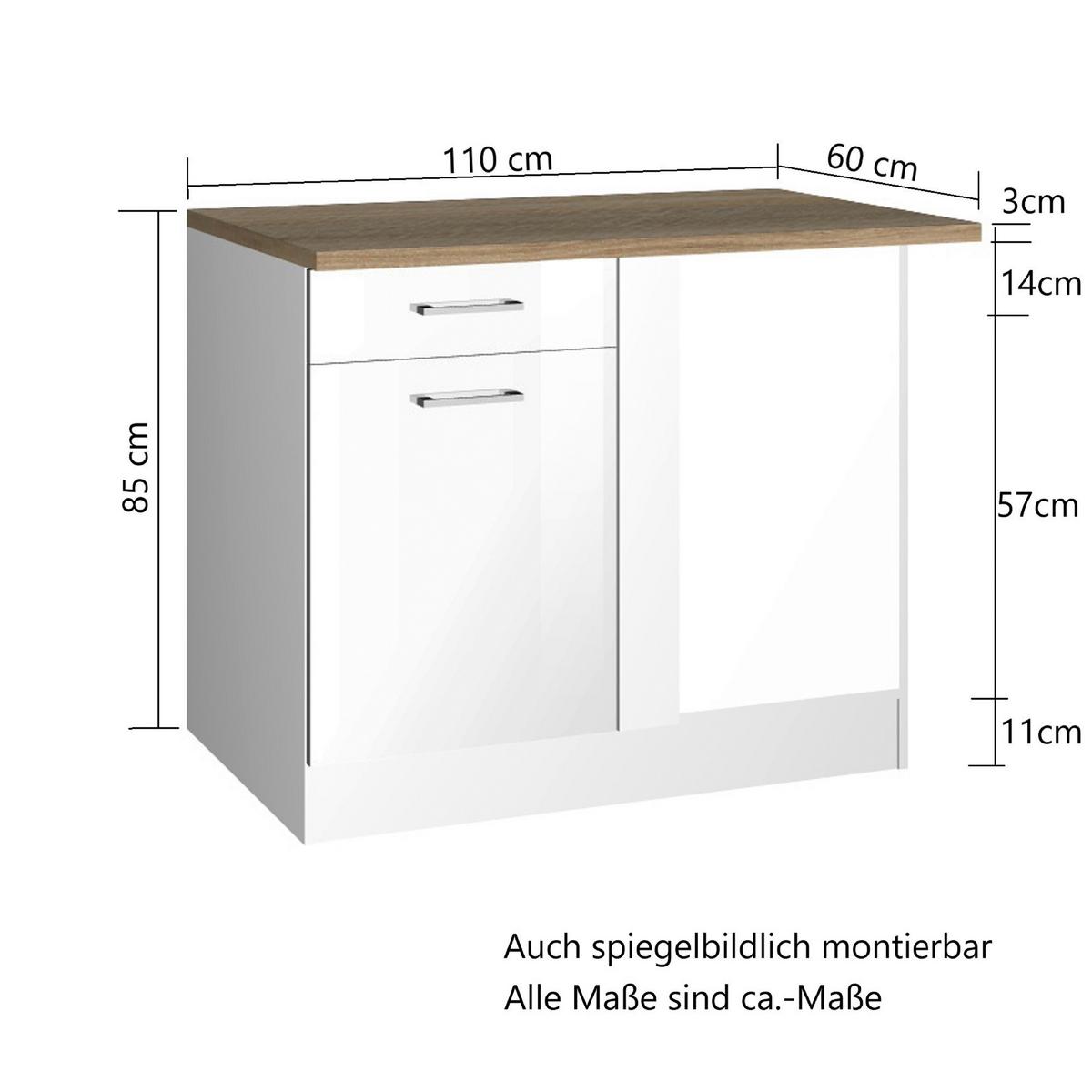 Eckunterschrank Mailand Weiß B: 110 Cm - Weiß Hochglanz/Sonoma Eiche, MODERN, Holzwerkstoff (110/85/60cm) - Held