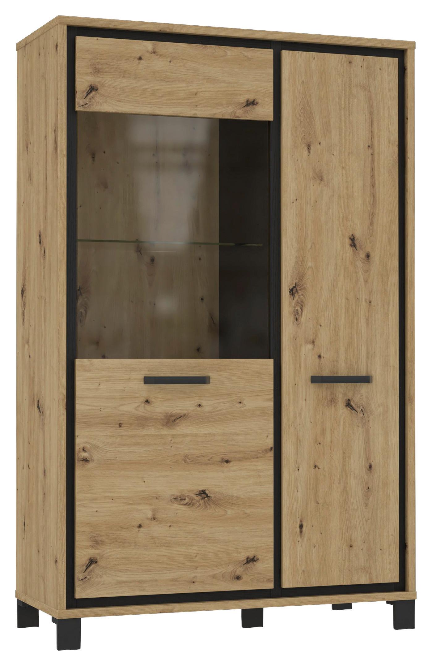 Highboard Mit Glaselement 102 Cm Trondheim, Eiche Dekor - Eichefarben/Schwarz, Basics, Glas/Holzwerkstoff (101.4/161/41.5cm) - Livetastic