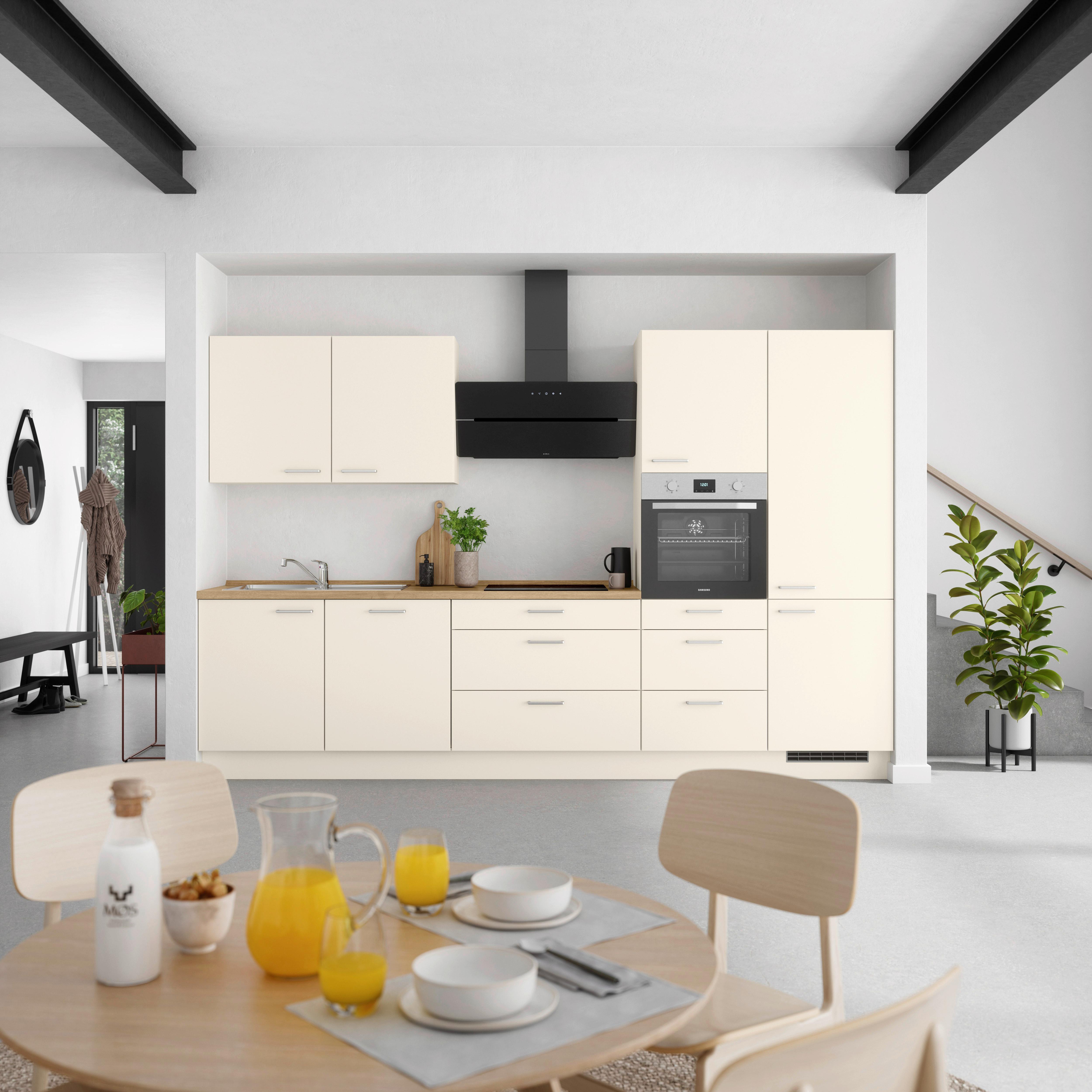 Kuchyňská linka 330 cm, magnóliová supermatná - barvy dubu/magnolie, Moderní, kov/kompozitní dřevo (330cm) - Nobilia
