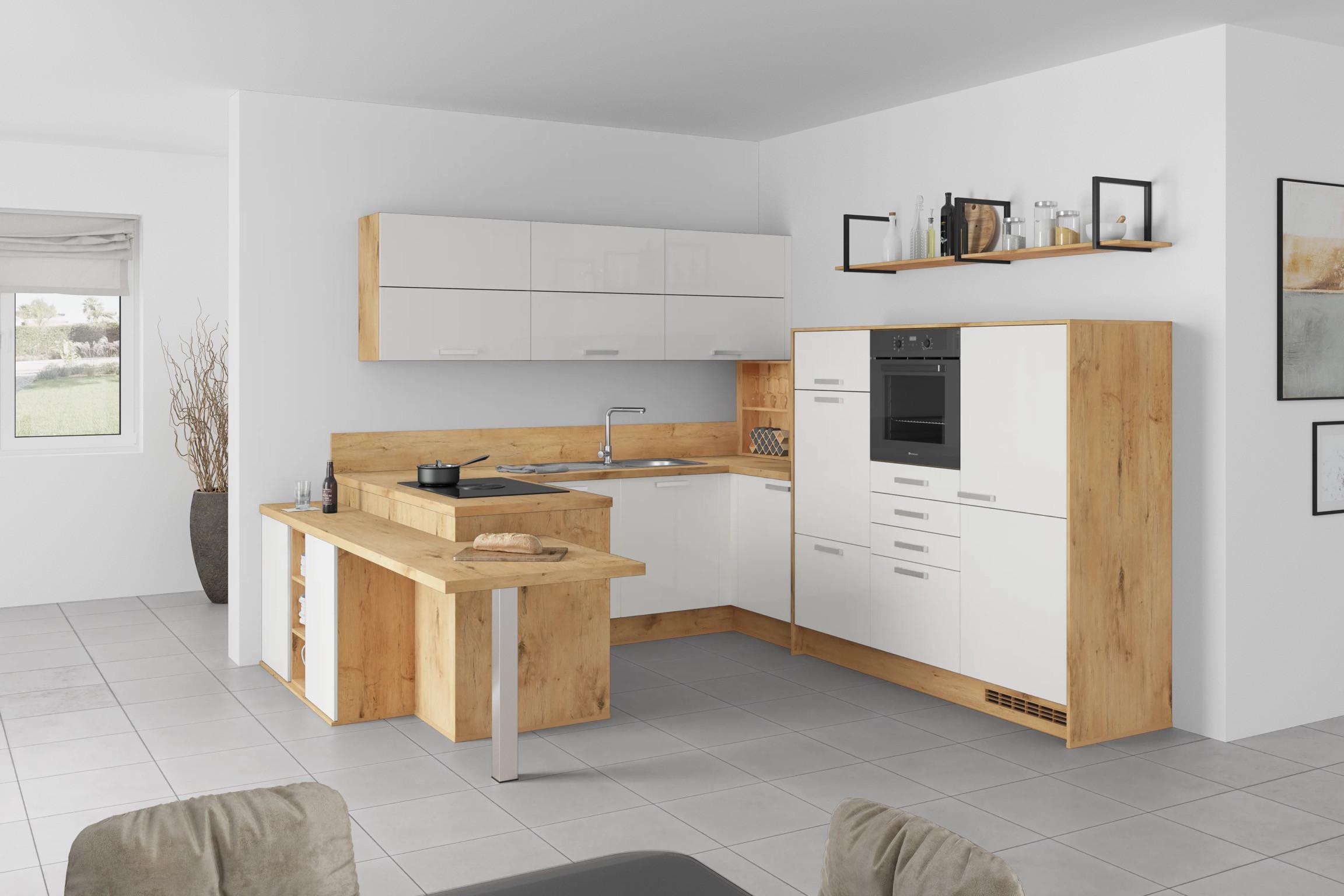 Moderne U-förmige Küche mit viel Stauraum und Essbereich