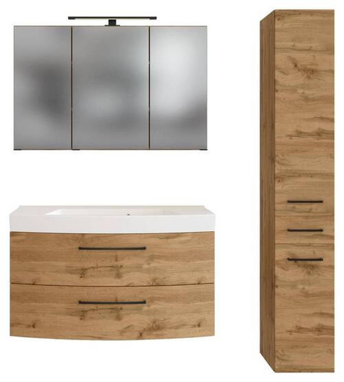 Badmöbel-set 3 -teilig. Manchester B:130cm Weiß Eiche Wotan Dekor - Eichefarben/Weiß, MODERN, Holzwerkstoff/Stein (130cm) - Held