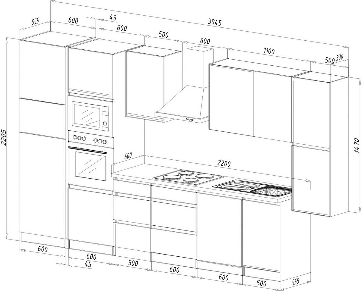 Küchenzeile Premium mit Geräten 395 cm Weiß/Eiche Dekor - Eichefarben/Weiß Hochglanz, Basics, Holzwerkstoff (395cm) - Respekta