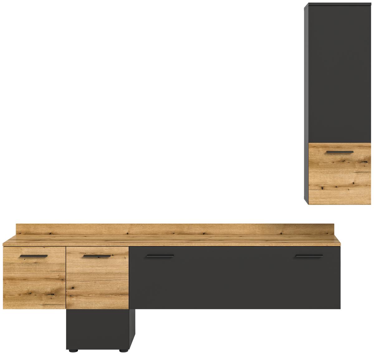 Wohnwand Goal - Eichefarben/Schwarz, Design, Holzwerkstoff (195/196/37cm) - Livetastic