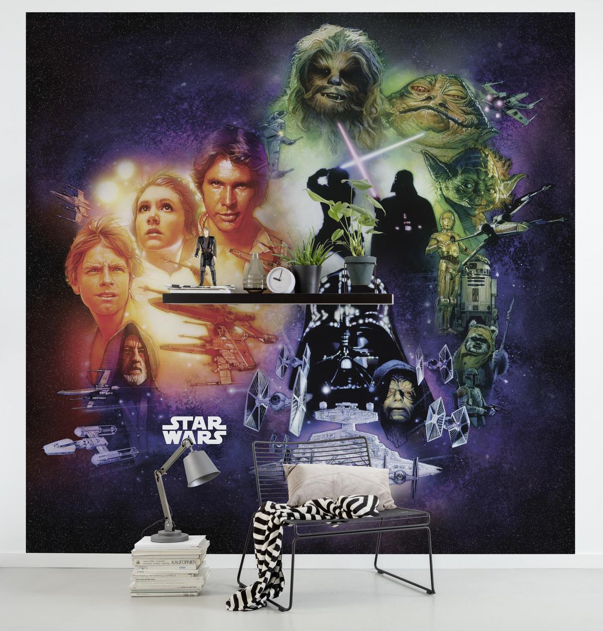 Fototapete Star Wars Poster Collage - Schwarz/Weiß, Trend, Textil (250/250cm)