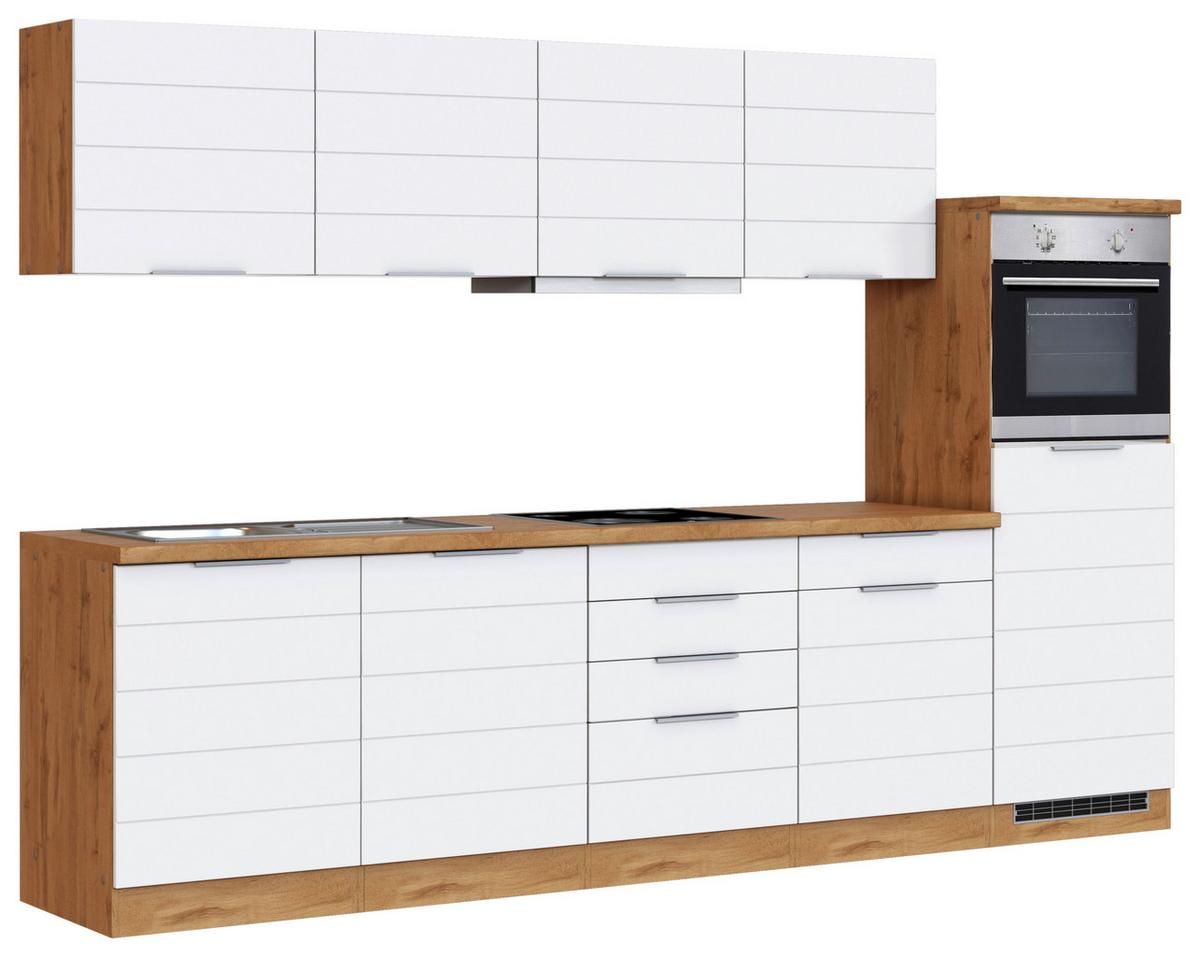 Küchenzeile Florenz mit Geräten 300 cm Weiß/Eichefarben - Eiche Wotan/Weiß, Design, Holzwerkstoff (300cm) - Held