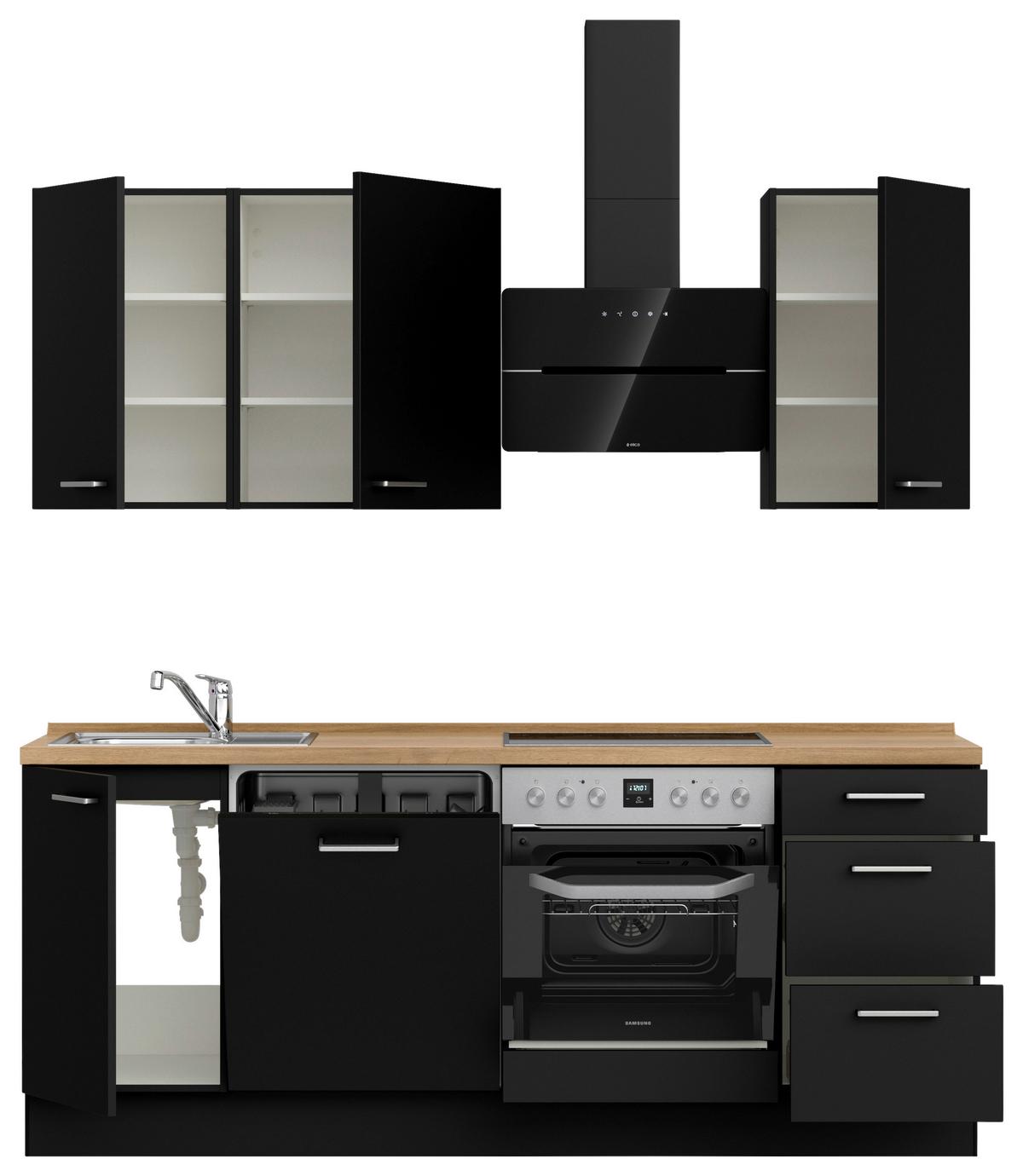 Kuchyňská linka 210 cm, černá matná/ barva dub - černá/barvy dubu, Moderní, kov/kompozitní dřevo (210cm) - Nobilia