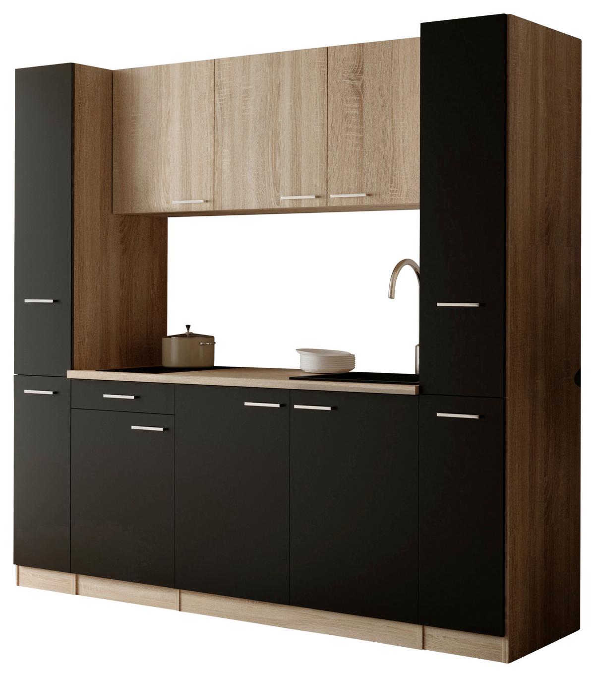 KÜCHENBLOCK Ingrid, Schwarz B: 210 cm - Eichefarben/Schwarz, Design, Holzwerkstoff (210cm) - Respekta