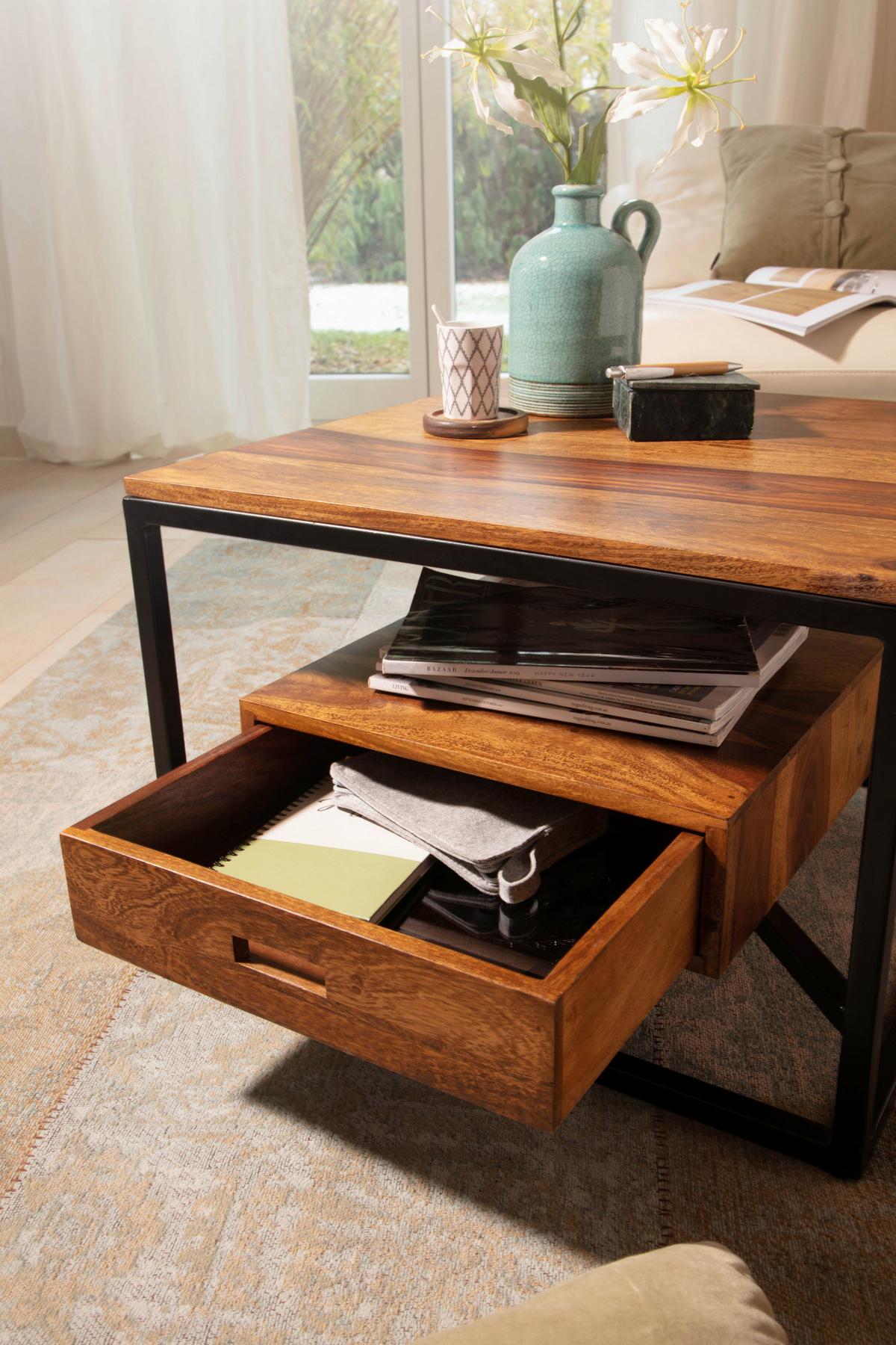 Couchtisch Sheesham B: 60 cm inkl. Lade - Sheeshamfarben/Schwarz, Design, Holz/Metall (60/60/40cm) - MID.YOU