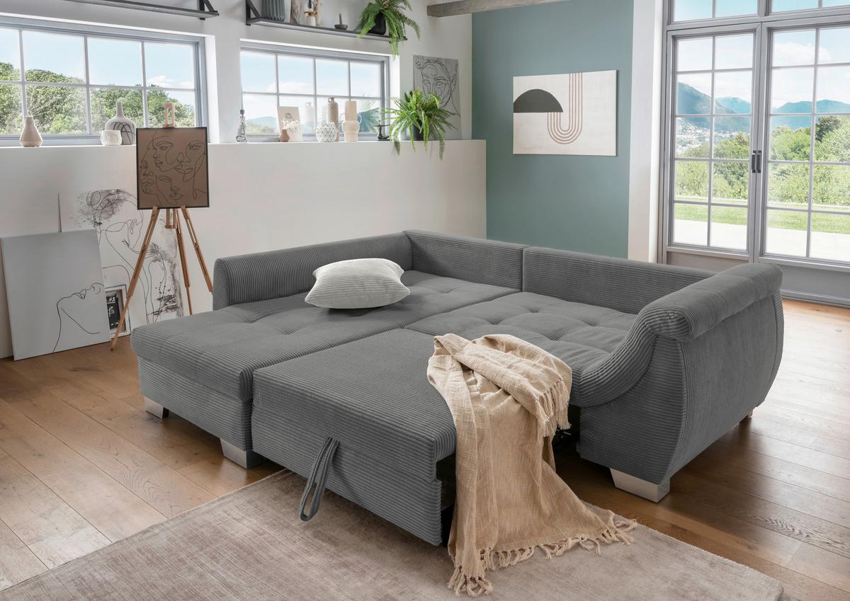 Ecksofa mit Schlaffunktion Flora Grau Cord - Silberfarben/Grau, Design, Textil (190/250cm) - MID.YOU