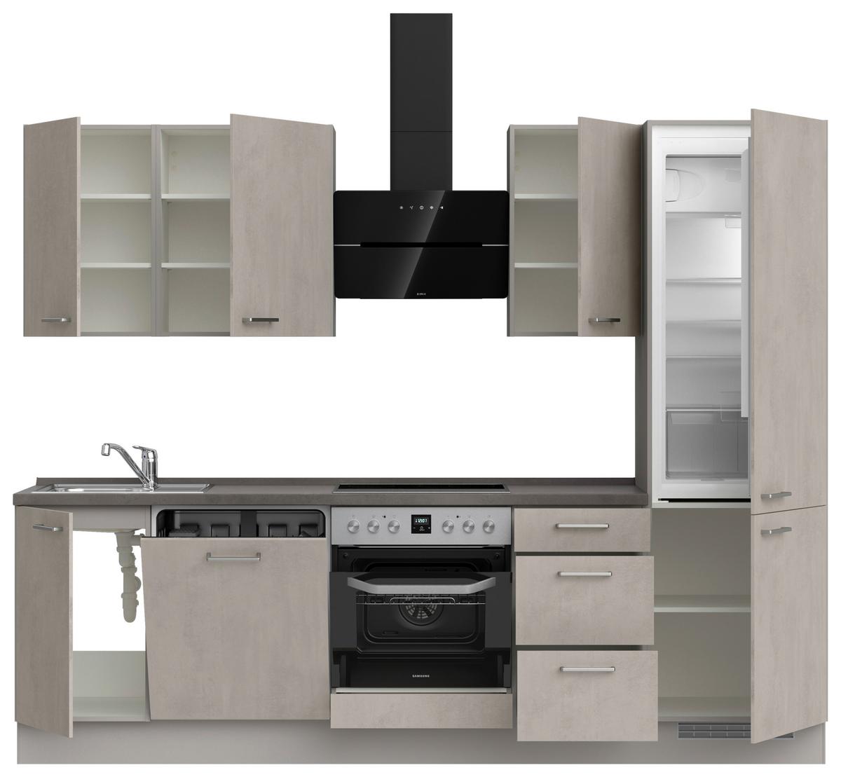 Kuchynská linka 270 cm, šedý betón/ kamenná šedá - sivá/farba ušľachtilej ocele, Modern, kov/kompozitné drevo (270cm) - Nobilia