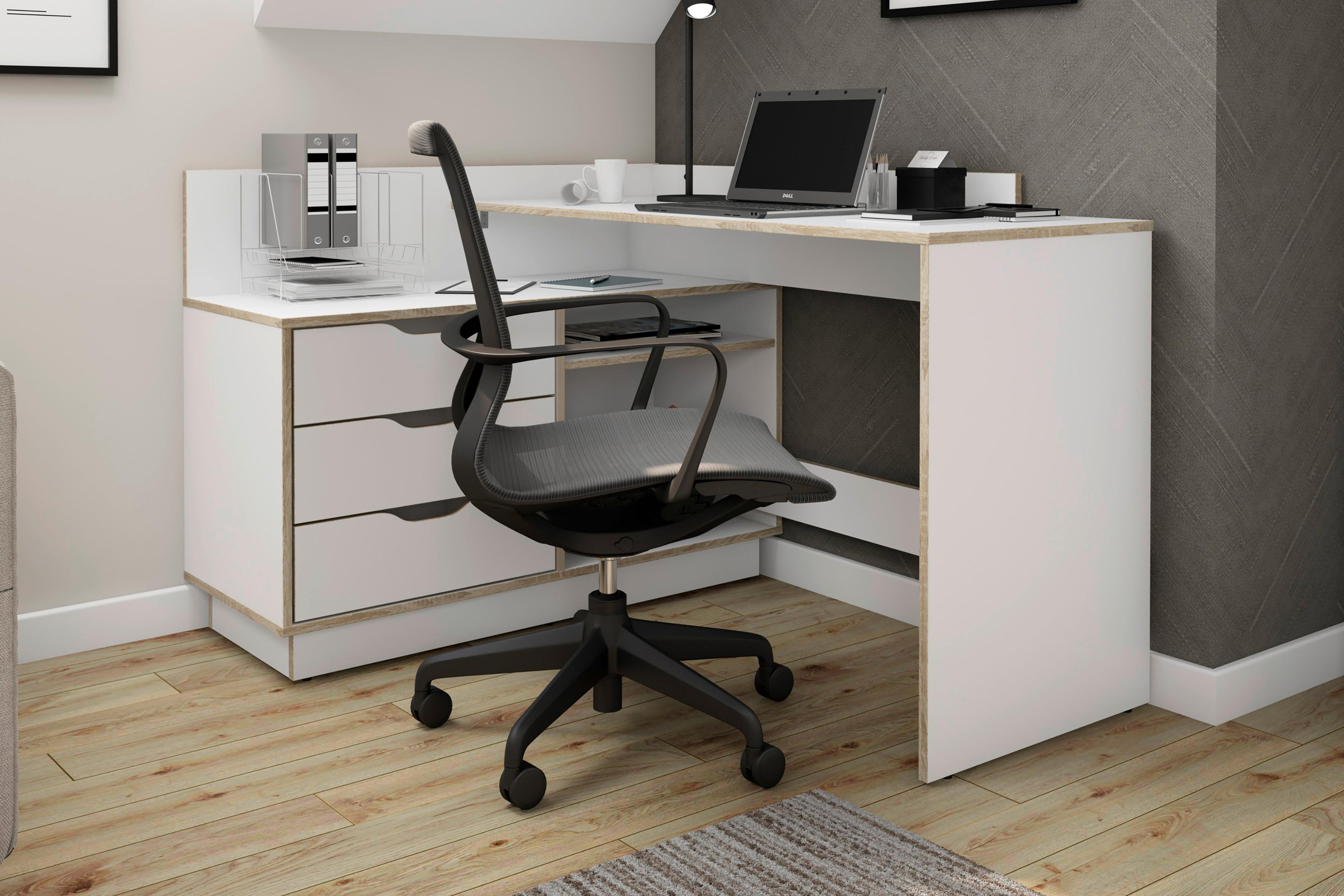 Eckschreibtisch Belfast - Weiß/Sonoma Eiche, MODERN, Holzwerkstoff (129/105/84cm) - MID.YOU