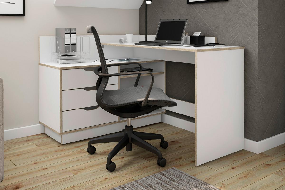 Eckschreibtisch Belfast - Weiß/Sonoma Eiche, MODERN, Holzwerkstoff (129/105/84cm) - MID.YOU