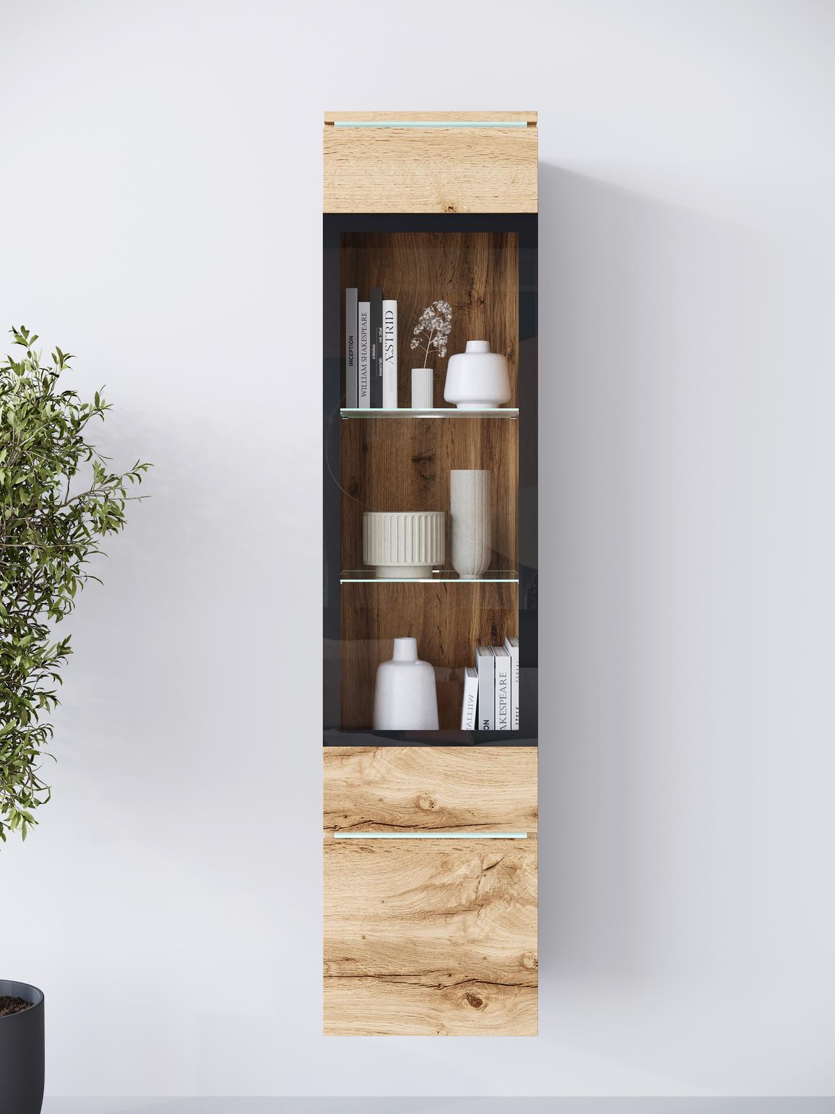 Vitrine Vera Eiche Wotan Dekor B: 30cm - Eiche Wotan/Grau, Design, Glas/Holzwerkstoff (30/130/33cm) - Livetastic