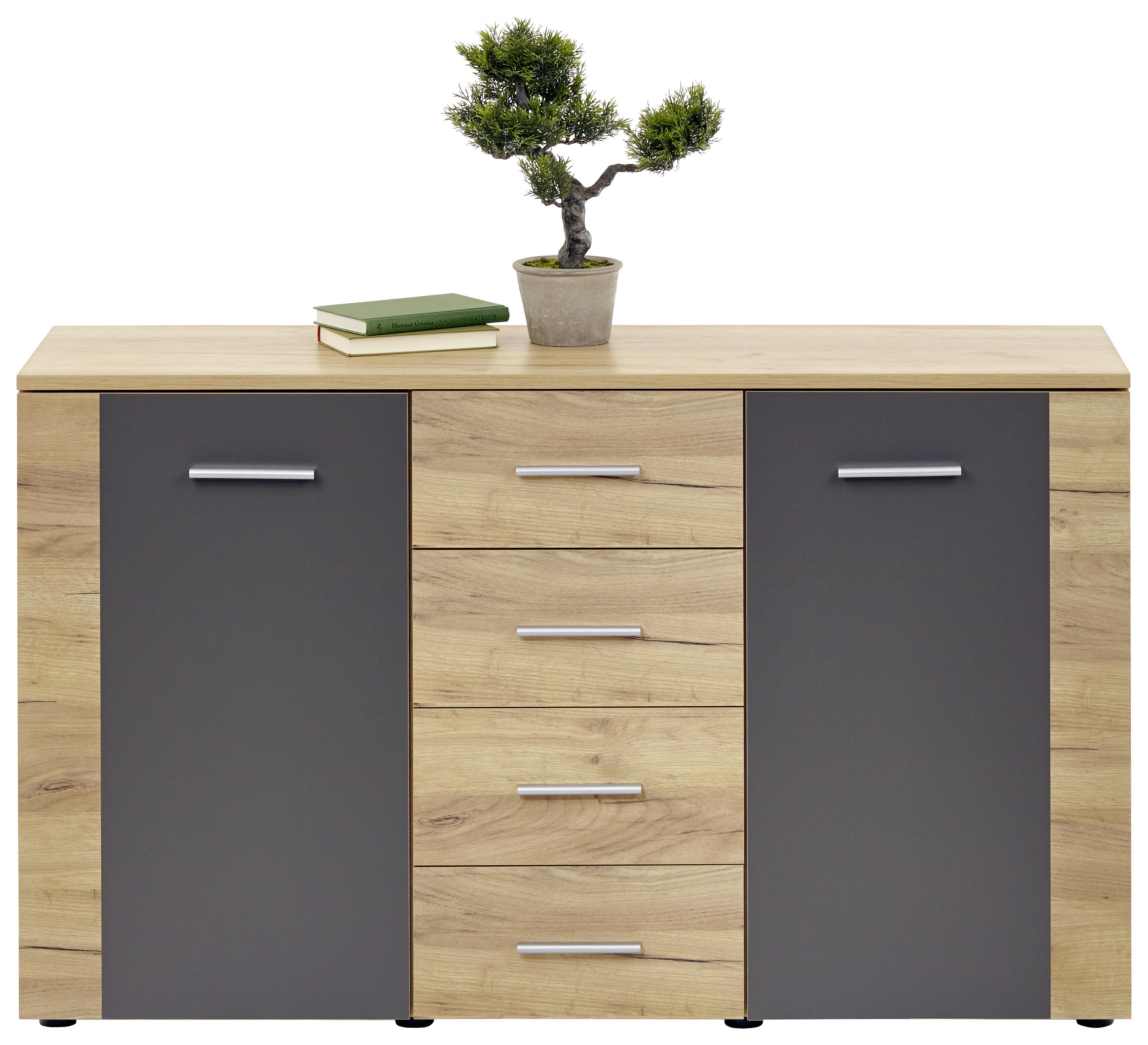 KOMODA UNO UNK02 - šedá/barvy dubu, Moderní, kompozitní dřevo (140/80/40cm)