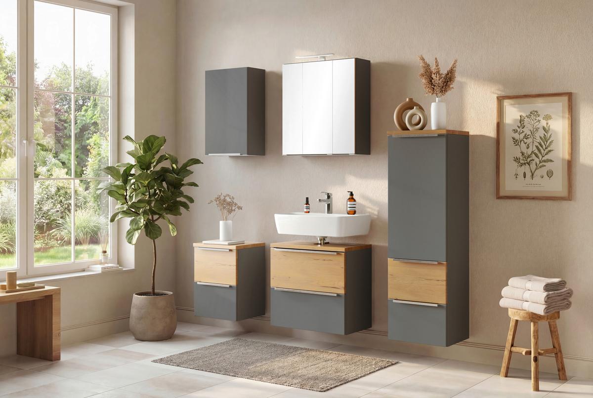 SPIEGELSCHRANK Verona Dunkelgrau B: 60cm - Wildeiche/Grau, Trend, Glas/Holzwerkstoff (60/64/20cm) - Held