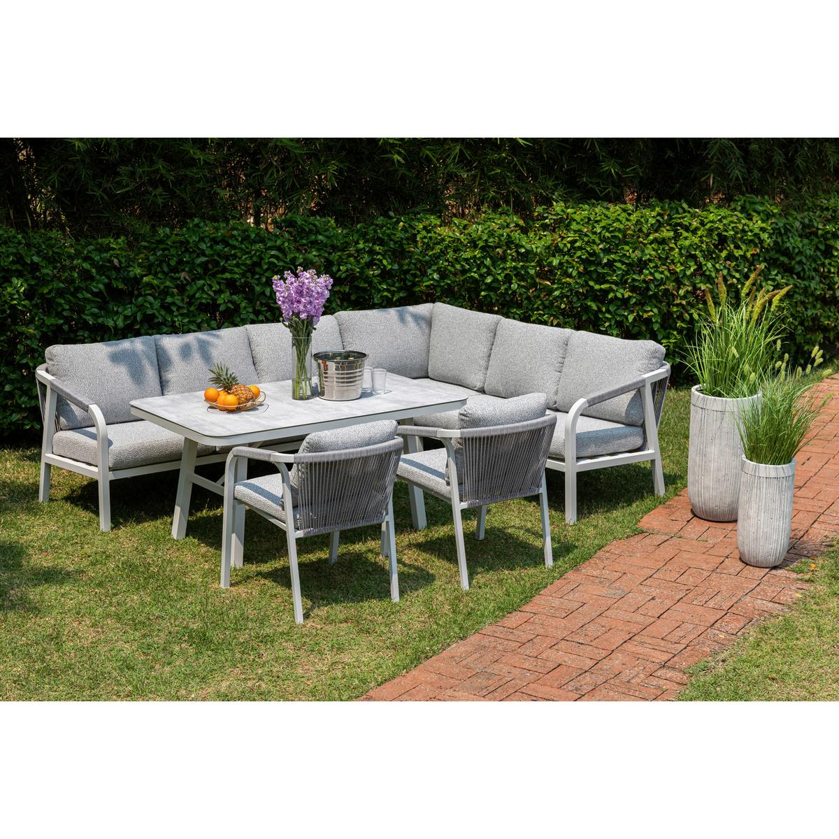 DINING-LOUNGESET HARVEY XL - Weiß/Grau, MODERN, Glas/Textil - Gardenson