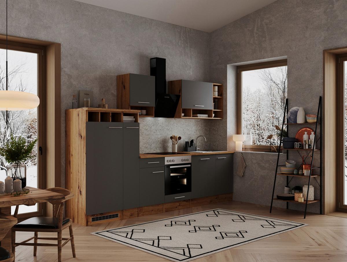 Küchenzeile Economy Mit Geräten 310 cm Grau/Wildeiche - Wildeiche/Grau, Basics, Holzwerkstoff (310cm) - Respekta