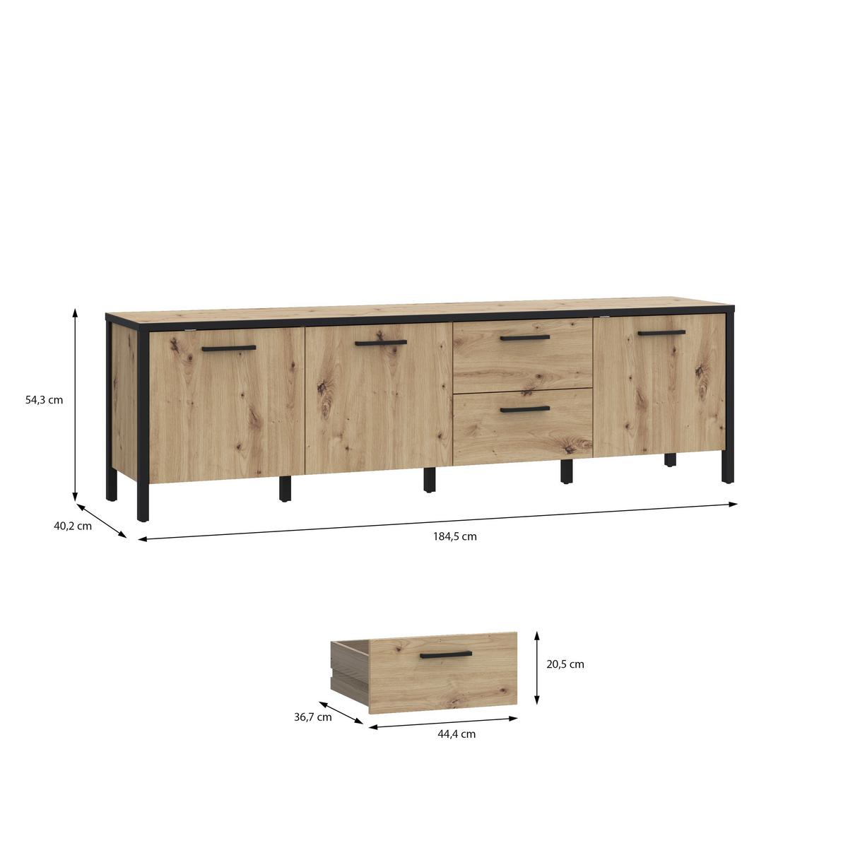 TV komoda Kirikus, š: 185 cm - černá/dub artisan, Lifestyle, kompozitní dřevo (184,5/54,3/40,2cm) - Mömax