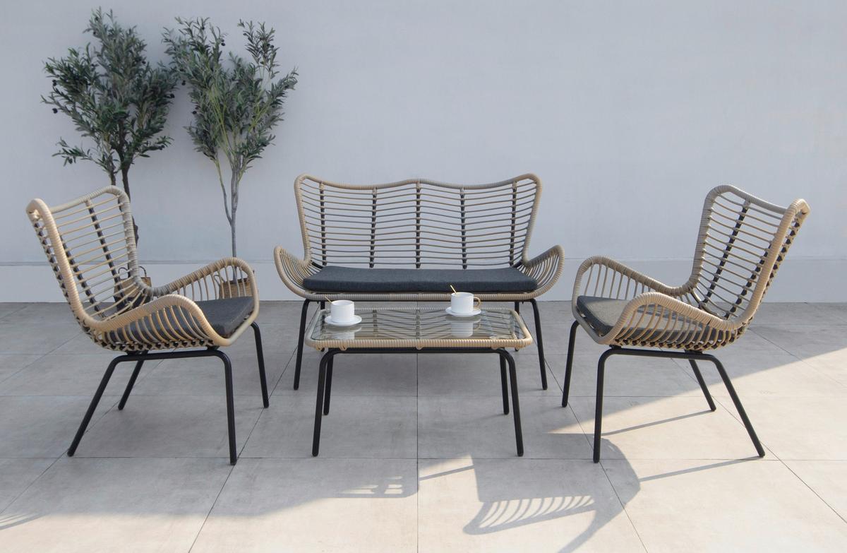 Loungegarnitur 4-Tlg Korfu Aus Glas/Metall mit Kissen - Dunkelgrau/Schwarz, Basics, Glas/Textil (122/86,5/69cm) - Acamp