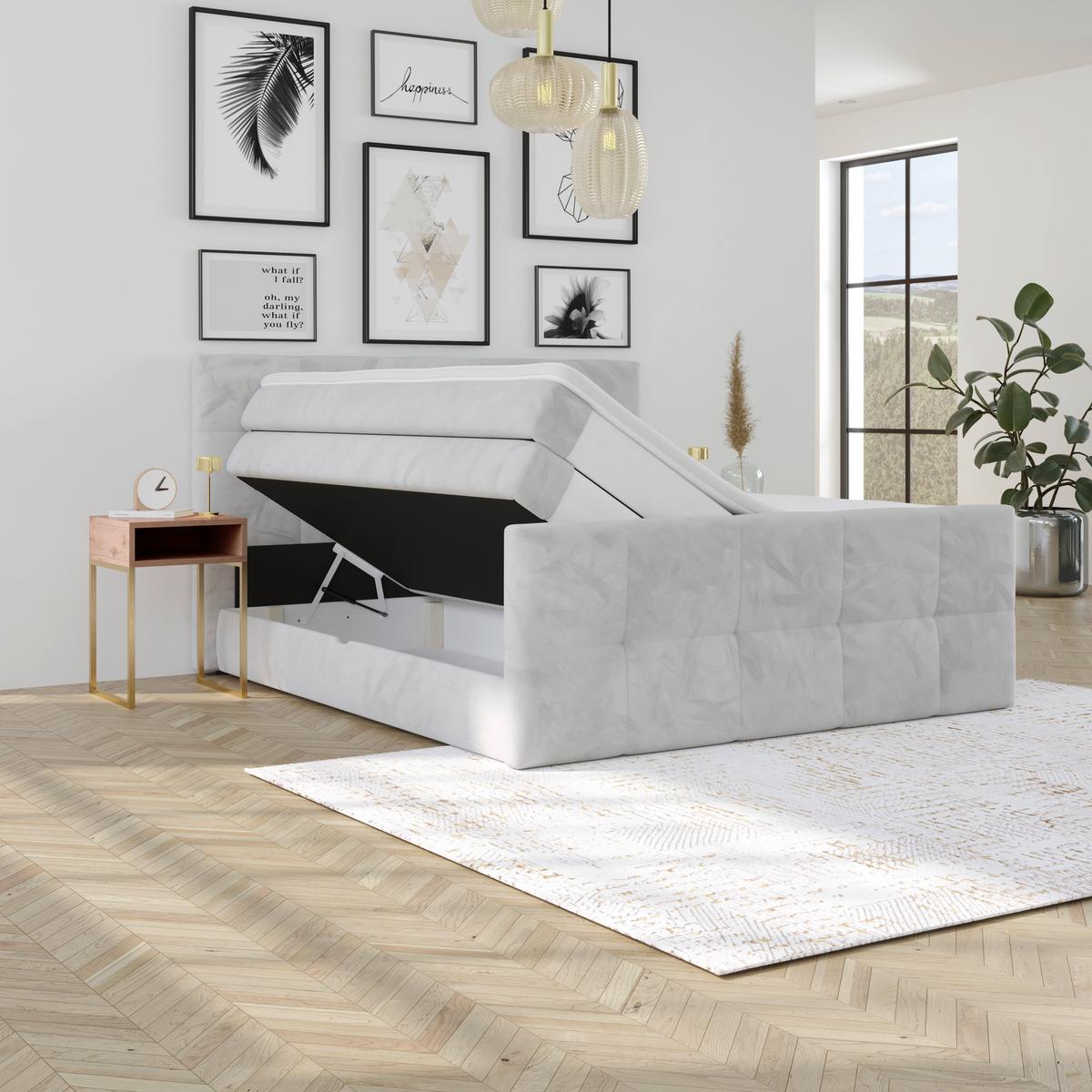 Boxspringbett mit Topper und Bettkasten 160x200 cm Medino - Hellgrau, KONVENTIONELL, Holz/Holzwerkstoff (160/200cm) - Luca Bessoni