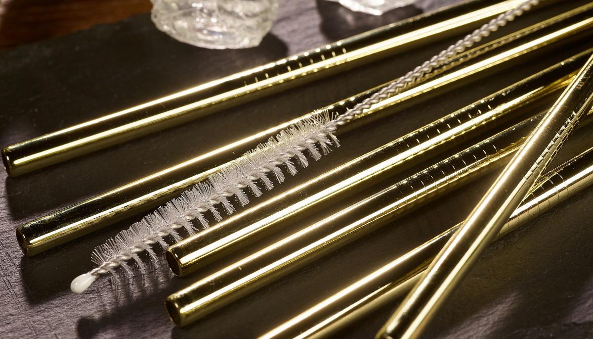 Trinkhalmset 6 Stück Inkl. Bürste, Metall, Gold - Goldfarben, Basics, Metall (12cm) - Echtwerk