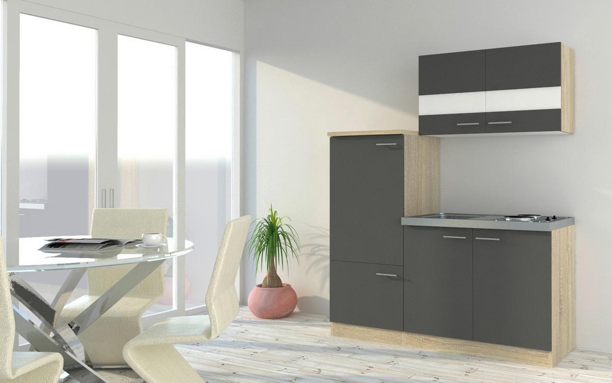 Miniküche mit Kühlschrank + Kochfeld 160 cm Grau/Eiche - Edelstahlfarben/Eichefarben, Basics, Holzwerkstoff/Metall (160cm) - Respekta